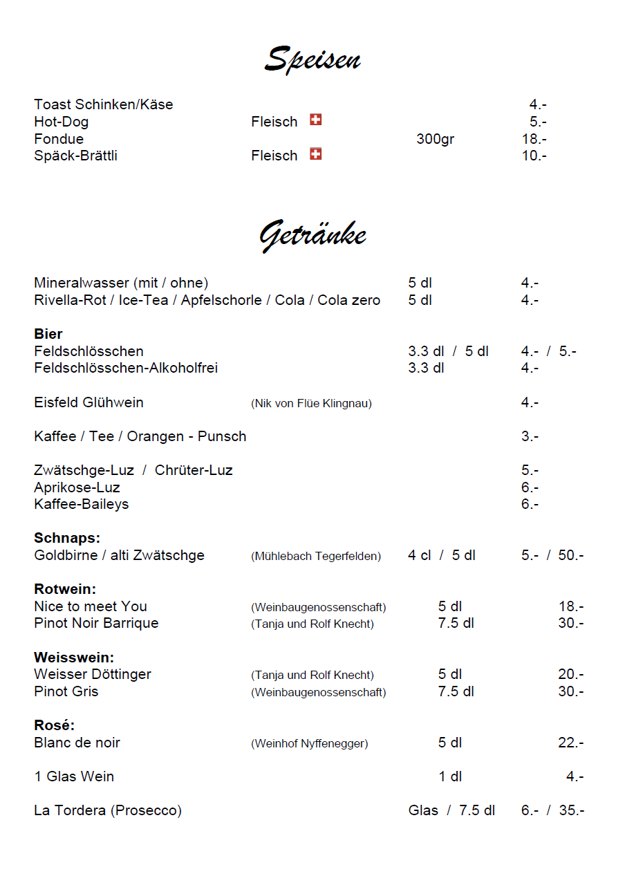 Getränke- und Speisekarte